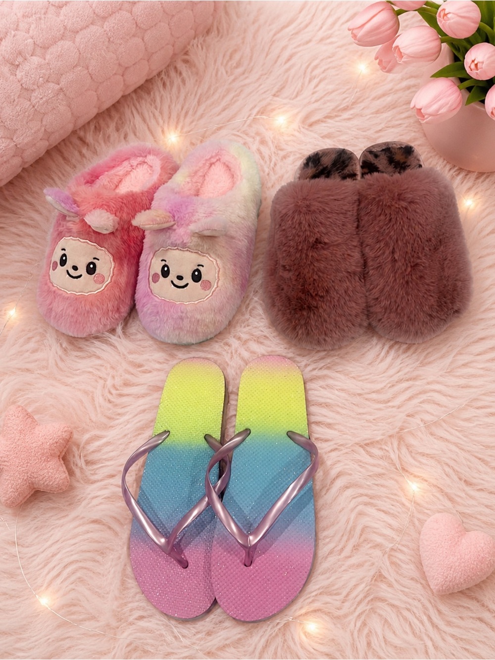Three Pair Cozy Slippers & Rainbow Flip Flops - Pink, Mauve, Multicolor